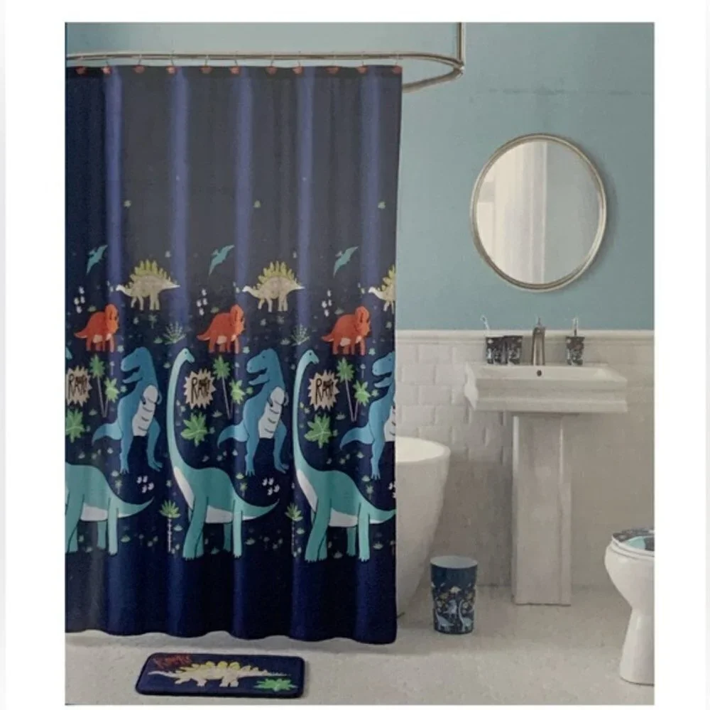 Matt & Maddie Dinosaur Fabric Shower Curtain 70 X 72 In Dark Blue Multicolor